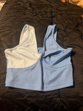 SHEIN Light Blue and White Ribbed Twist-Front Crop Top